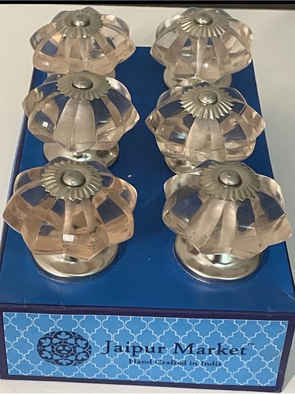 Jaipur Market Set of 6 Drawer Pull Knobs Light Pink Hue Silver Hardware NIB